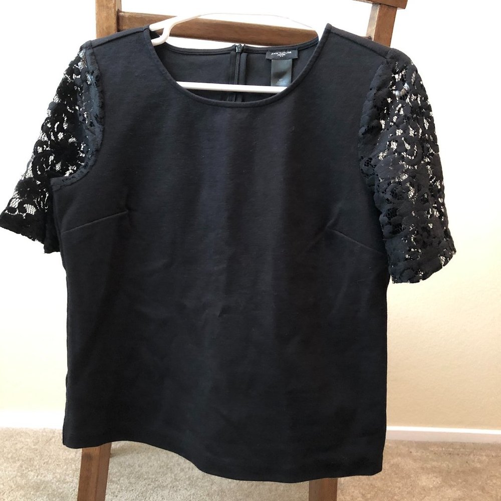 Ann Taylor Black Blouse with Lace Sleeves - Petite Medium (MP)